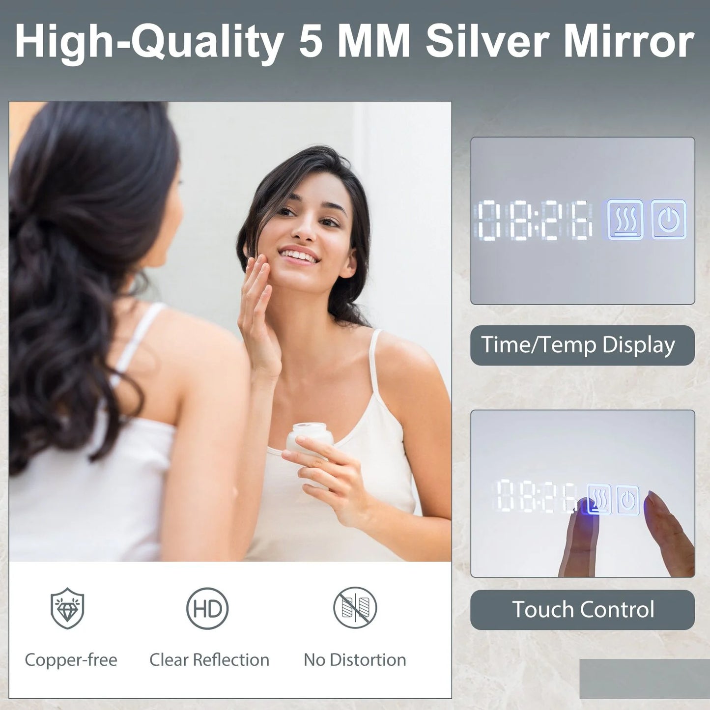 LED Bathroom Mirror with 3-Color Dimmable Lights, Time and Temp Display