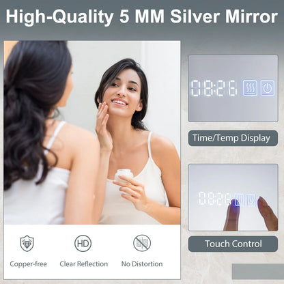 LED Bathroom Mirror with 3-Color Dimmable Lights, Time and Temp Display