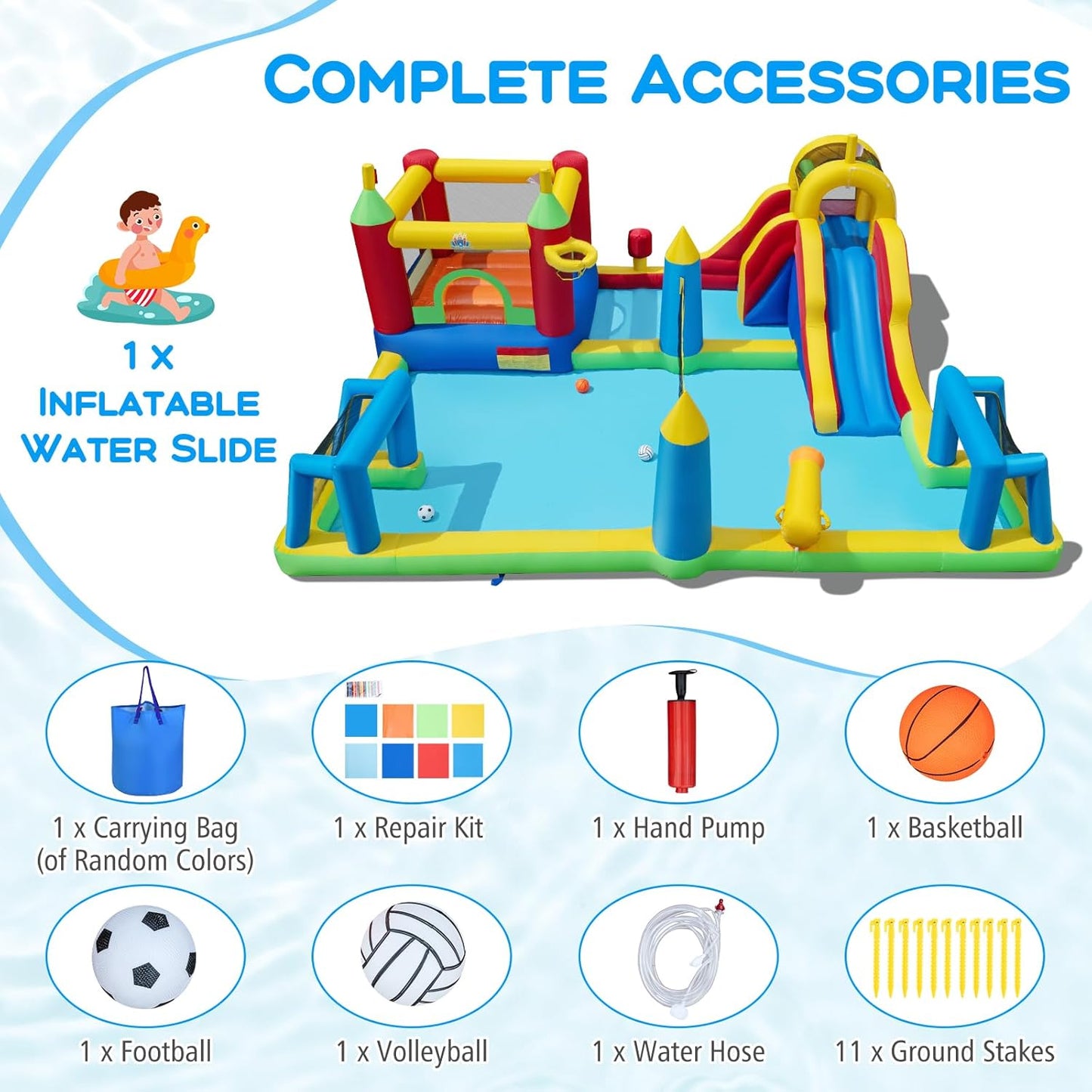 COSTWAY Inflatable Water Park, Kids Bouncy Castle with Slide, Climbing Wall, Splash Pool, Water Cannon, Volleyball Net, Football Goals & Punching Bag, Outdoor Blow up Bounce House (Without Blower)