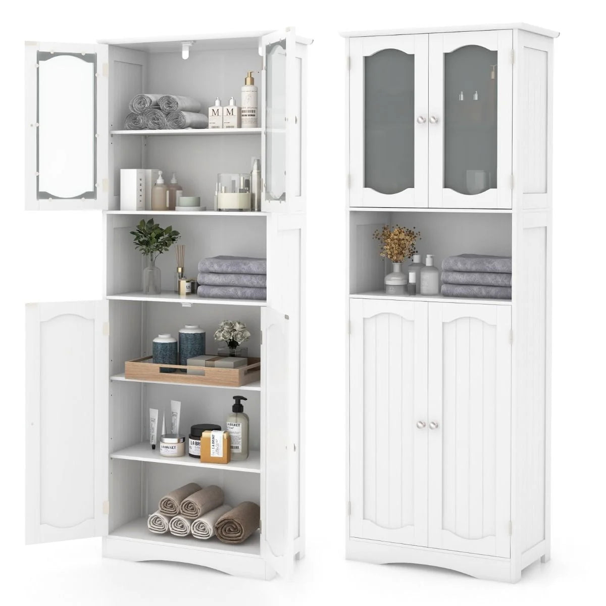 Tempered Glass Door Pantry Cabinet with 3-Position Adjustable Shelves