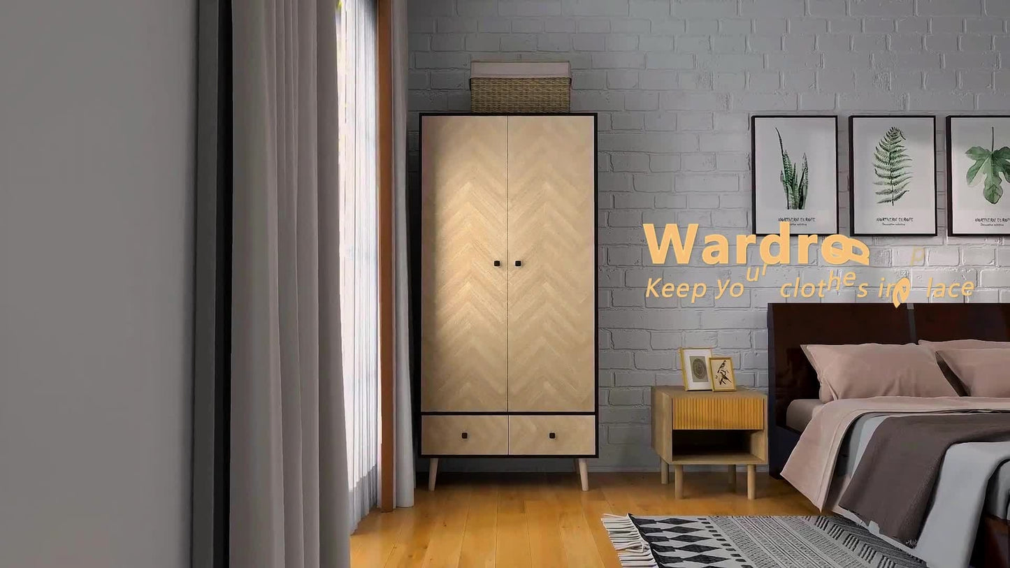 Modern Wardrobe Cabinet with Shelf, Hanging Rod and 2 Drawers 90X50X190Cm