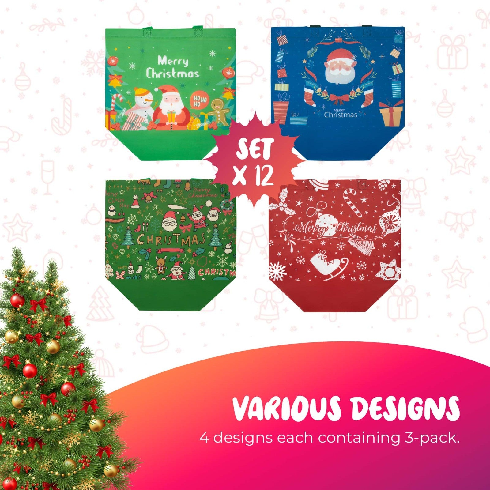 12 Pack Christmas Reusable Grocery Bag Tote Bag with Handle Gift Present Bag
