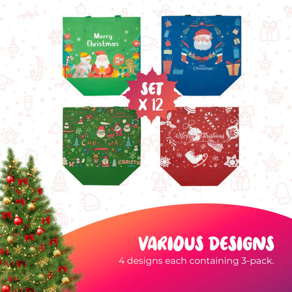12 Pack Christmas Reusable Grocery Bag Tote Bag with Handle Gift Present Bag