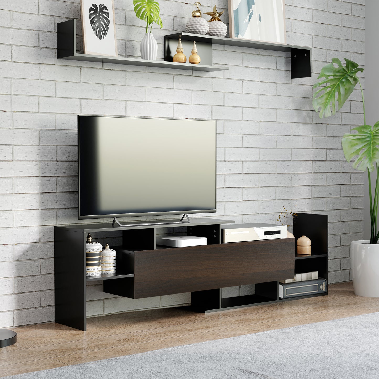 TV Cabinet W/ Wall Shelf and Storage Cabinet for Living Room