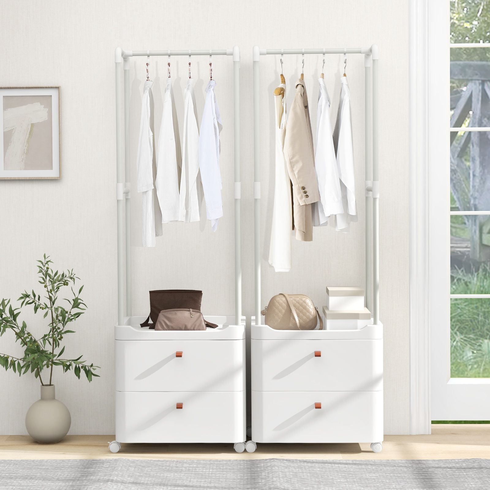 Freestanding Heavy-Duty Clothing Stand Dresser with Hanging Rod and Storage Shelves
