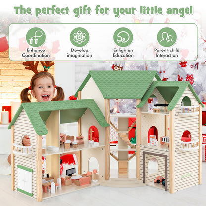 Wooden Dollhouse with 36 Pieces Accessories for Kids