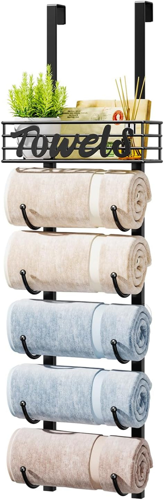 over Door Towel Rack - Towel Storage Rack Wall Mounted with Metal Shelf Basket, 6-Tier over Door Towel Rail & Bathroom Storage Organiser Towel Holder for Small Bathroom, Camper, Rv