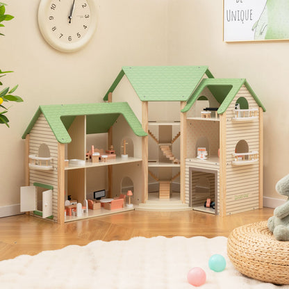 Wooden Dollhouse with 36 Pieces Accessories for Kids