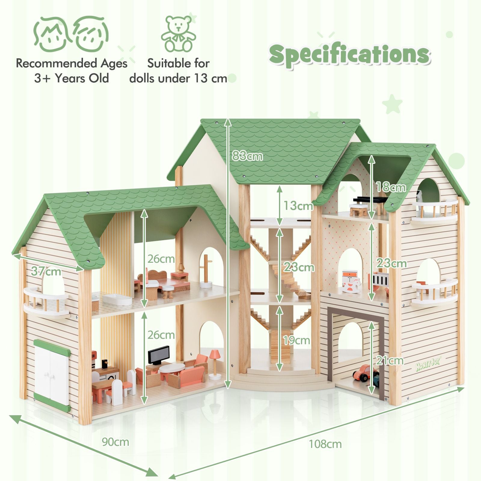 Wooden Dollhouse with 36 Pieces Accessories for Kids