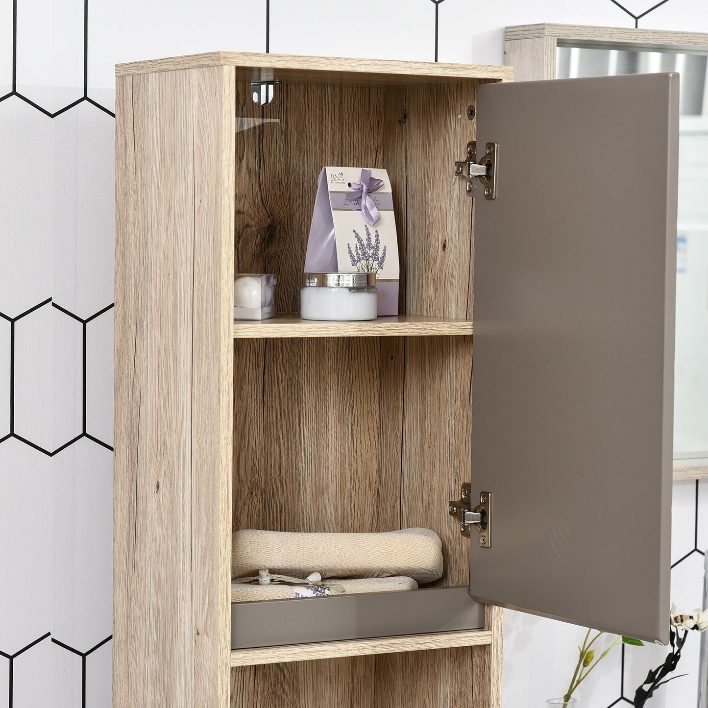 170Cm Freestanding Bathroom Storage Cabinet with Adjustable Shelves, Oak