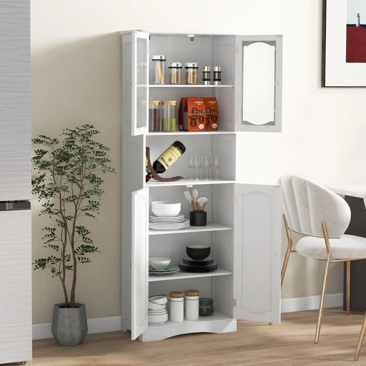 Tempered Glass Door Pantry Cabinet with 3-Position Adjustable Shelves