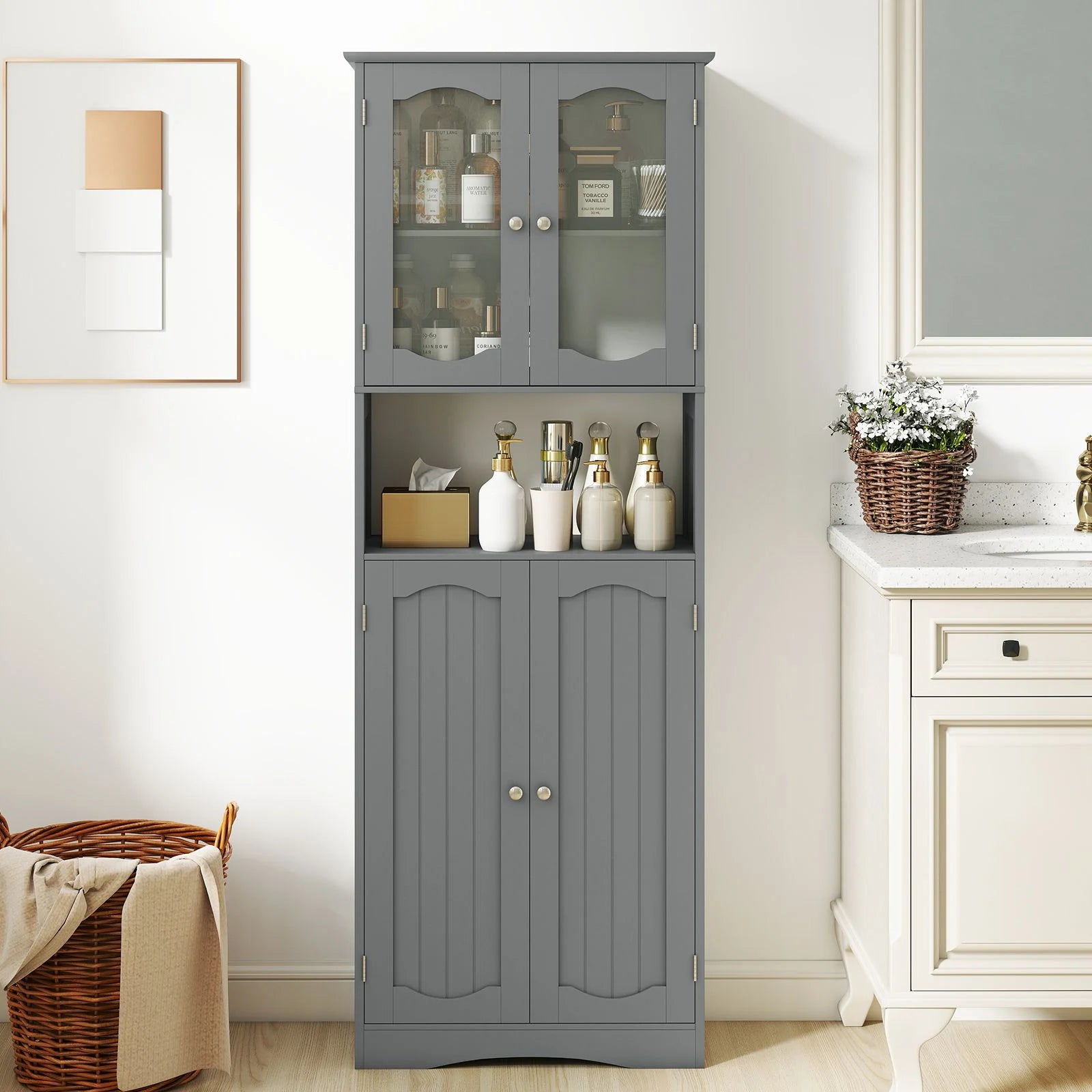 Tempered Glass Door Pantry Cabinet with 3-Position Adjustable Shelves