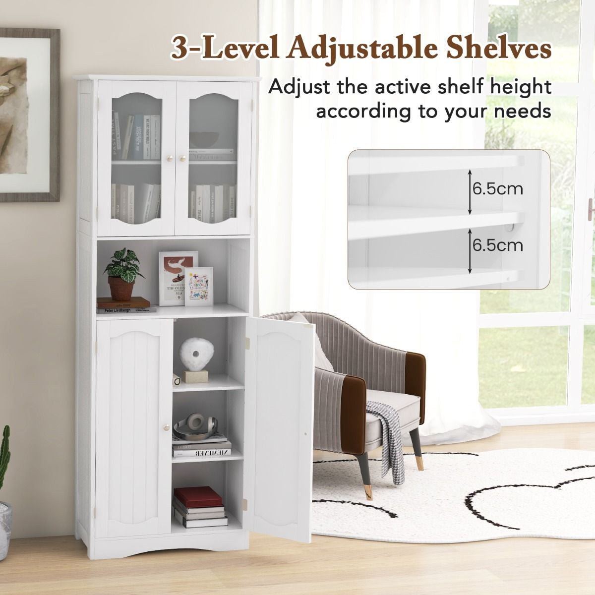 Tempered Glass Door Pantry Cabinet with 3-Position Adjustable Shelves