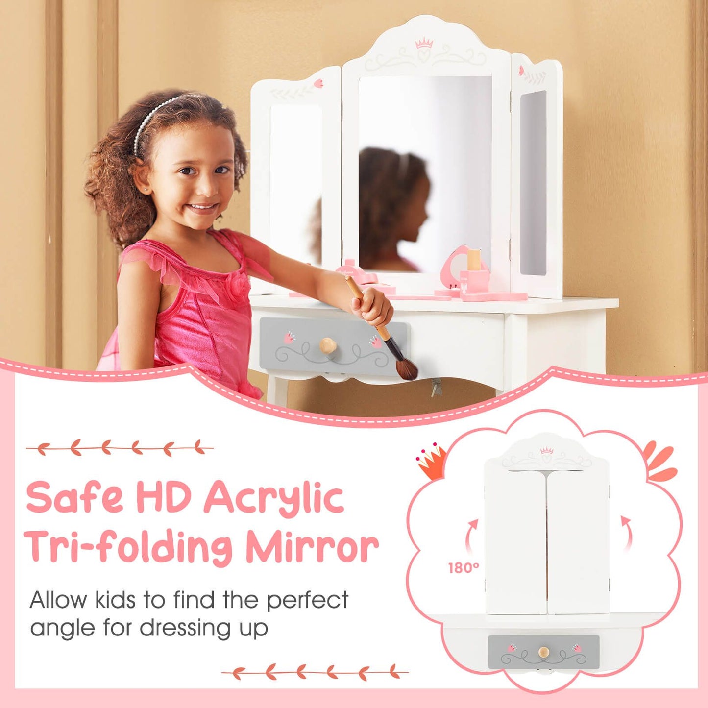 Kids Vanity Table and Stool with Detachable Tri-Fold Mirror and Cute Accessories