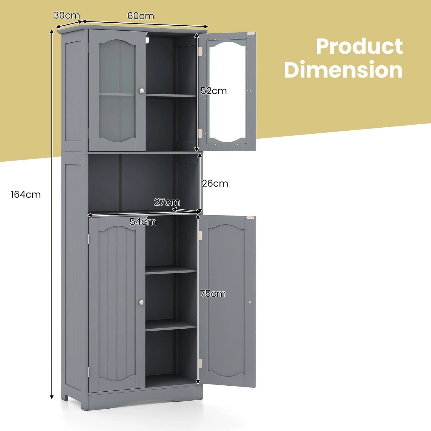 Tempered Glass Door Pantry Cabinet with 3-Position Adjustable Shelves