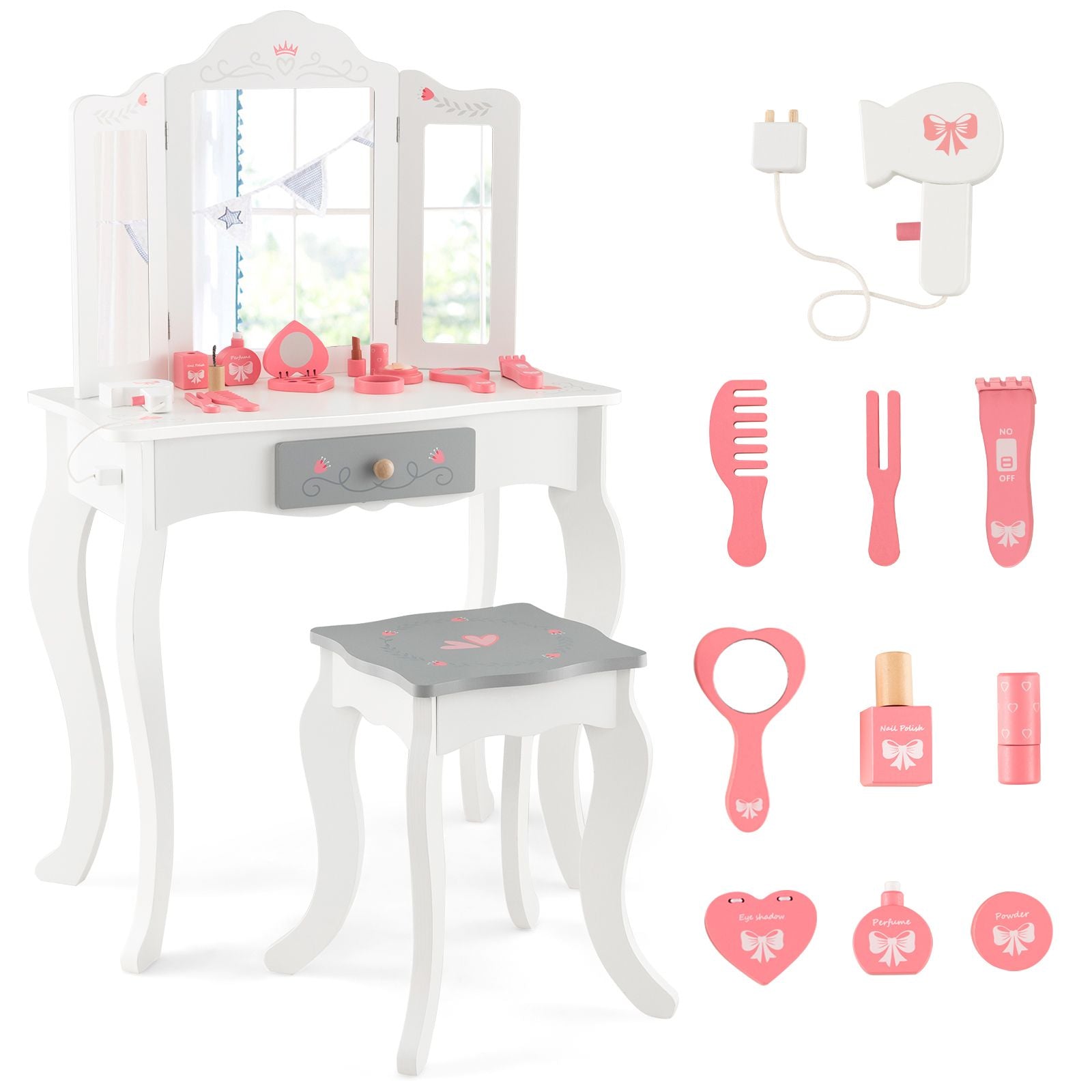 Kids Vanity Table and Stool with Detachable Tri-Fold Mirror and Cute Accessories