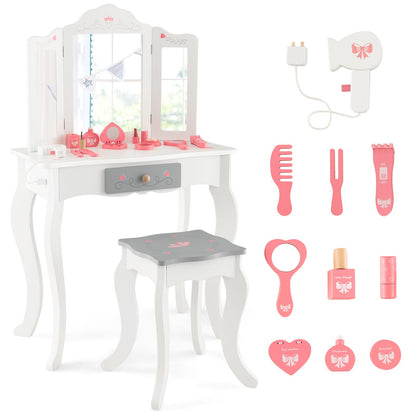 Kids Vanity Table and Stool with Detachable Tri-Fold Mirror and Cute Accessories