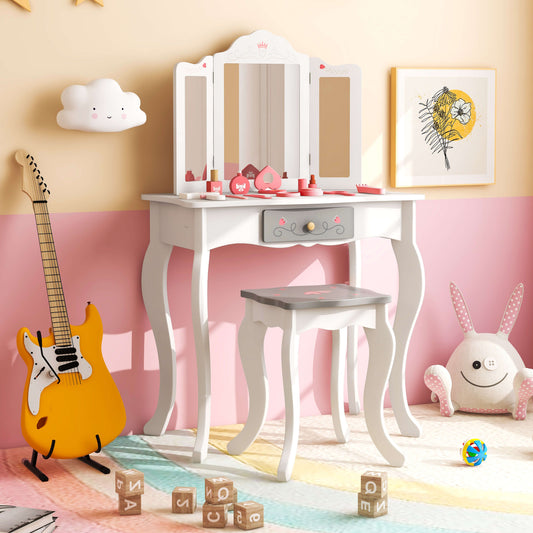 Kids Vanity Table and Stool with Detachable Tri-Fold Mirror and Cute Accessories