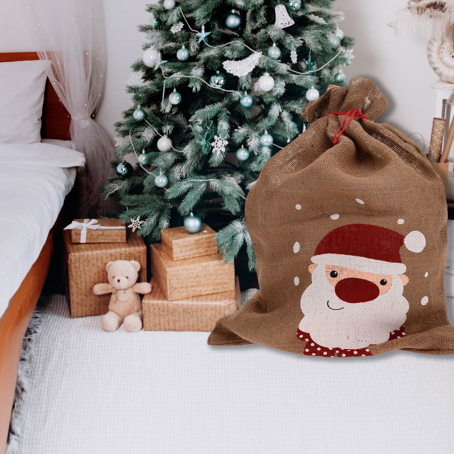 Christmas Sack Jute Bag Drawstring Gift Reusable Present Stocking Storage XL