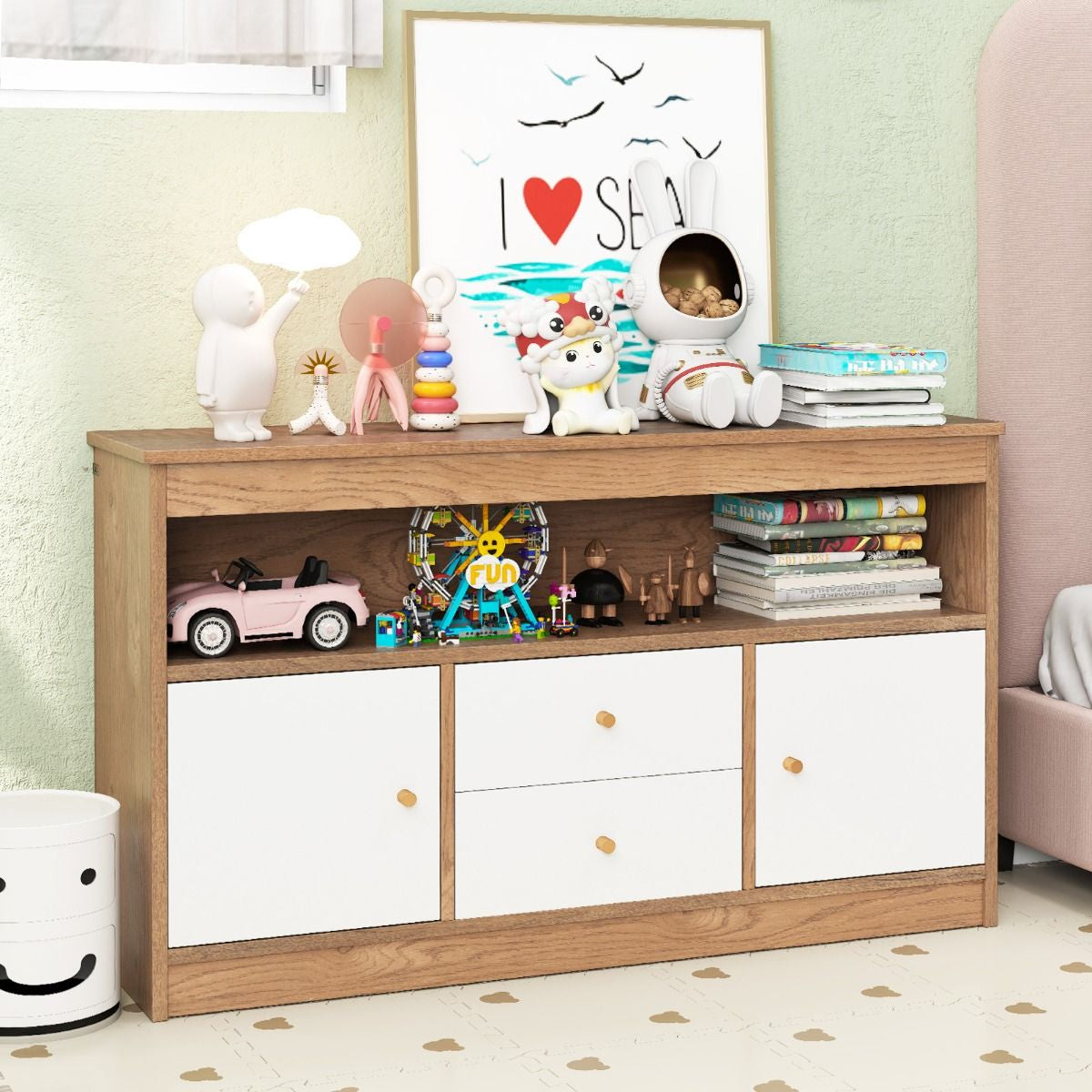 Wooden Kids Toy Children Bookshelf Storage Chest with Open Shelf