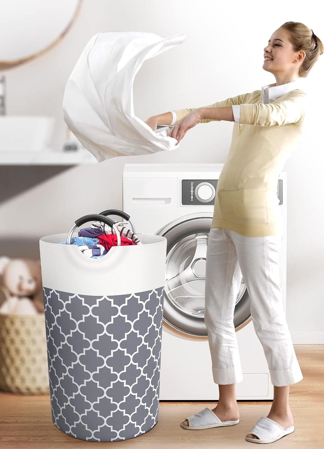 Large Laundry Basket Laundry Hamper Bag Washing Bin Clothes Bag Collapsible Tall with Handles Waterproof Travel Bathroom College Essentials Storage for College Dorm, Family (Grey),82L