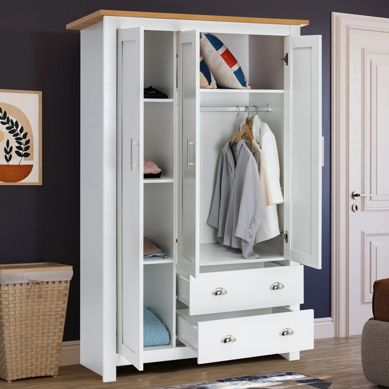 3 Door 2 Drawers Wardrobe with Shelves Storage & Hanging Rail Bedroom Furniture