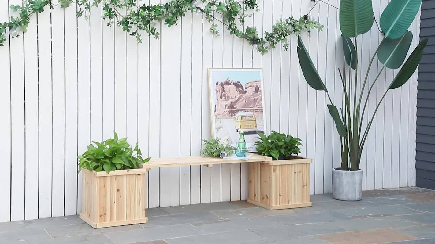 Outsunny Wooden Garden Planter & Bench Combination Garden Raised Bed Natural