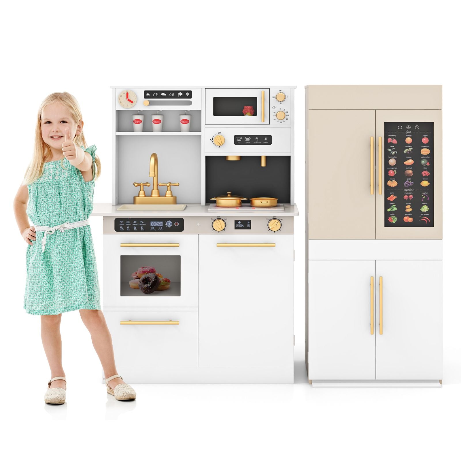 2 Pieces Kids Kitchen Playset Play Kitchen Refrigerator Combination