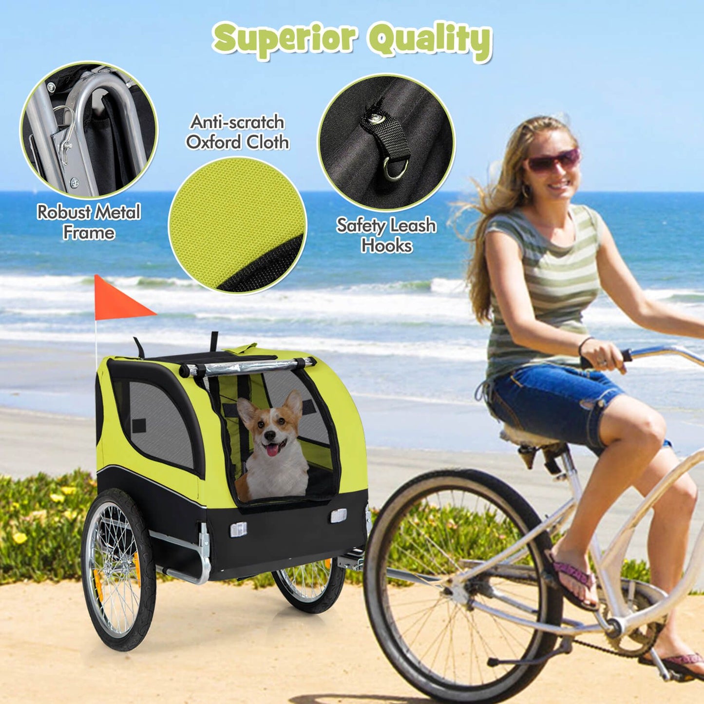 Folding Pet Bike Trailer with 3 Zippered Doors and 8 Reflectors