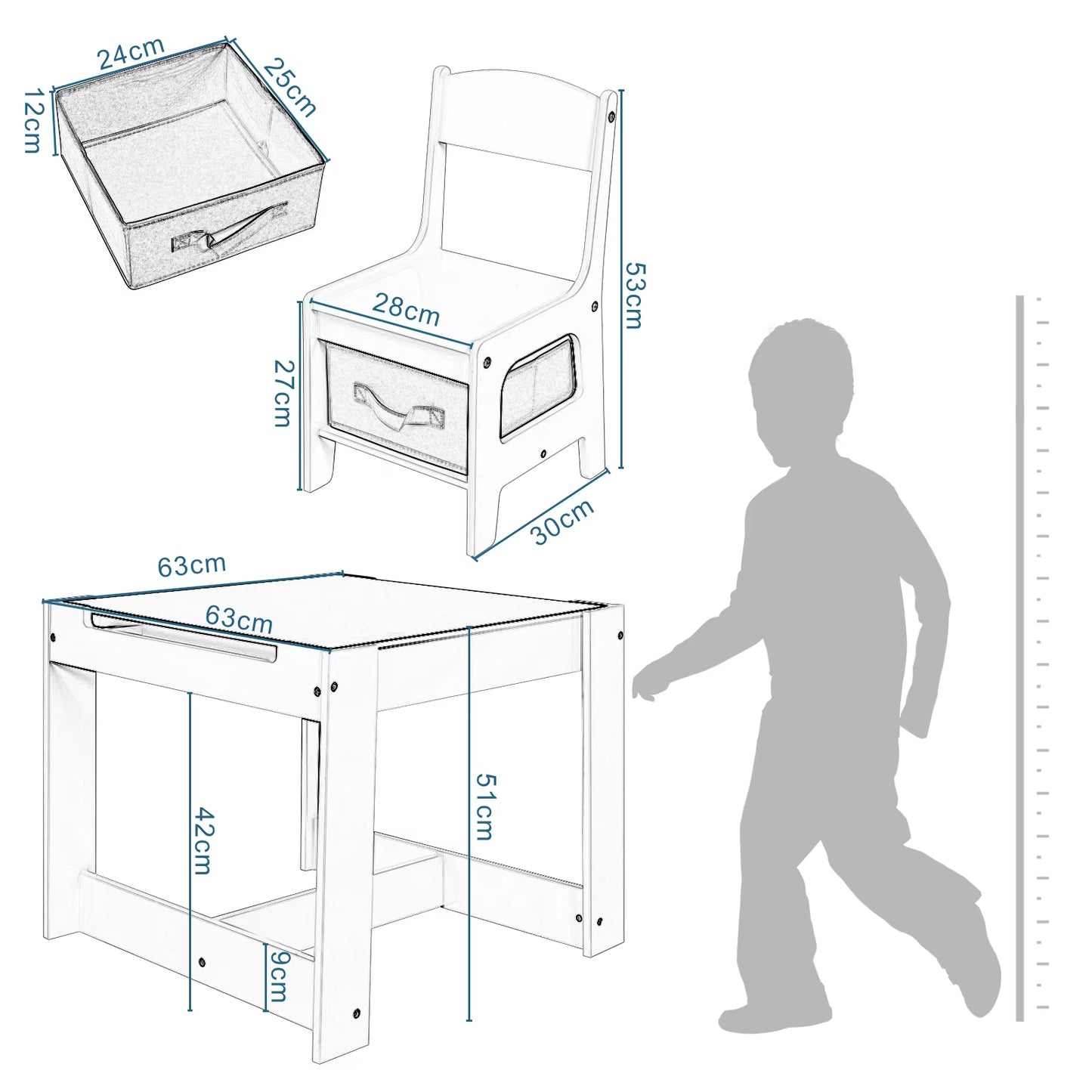 Kids Desk White Children Table 2Chairs Set with Storage Basket Reversible Tabletop Blackboard Paper Roll for Preschool