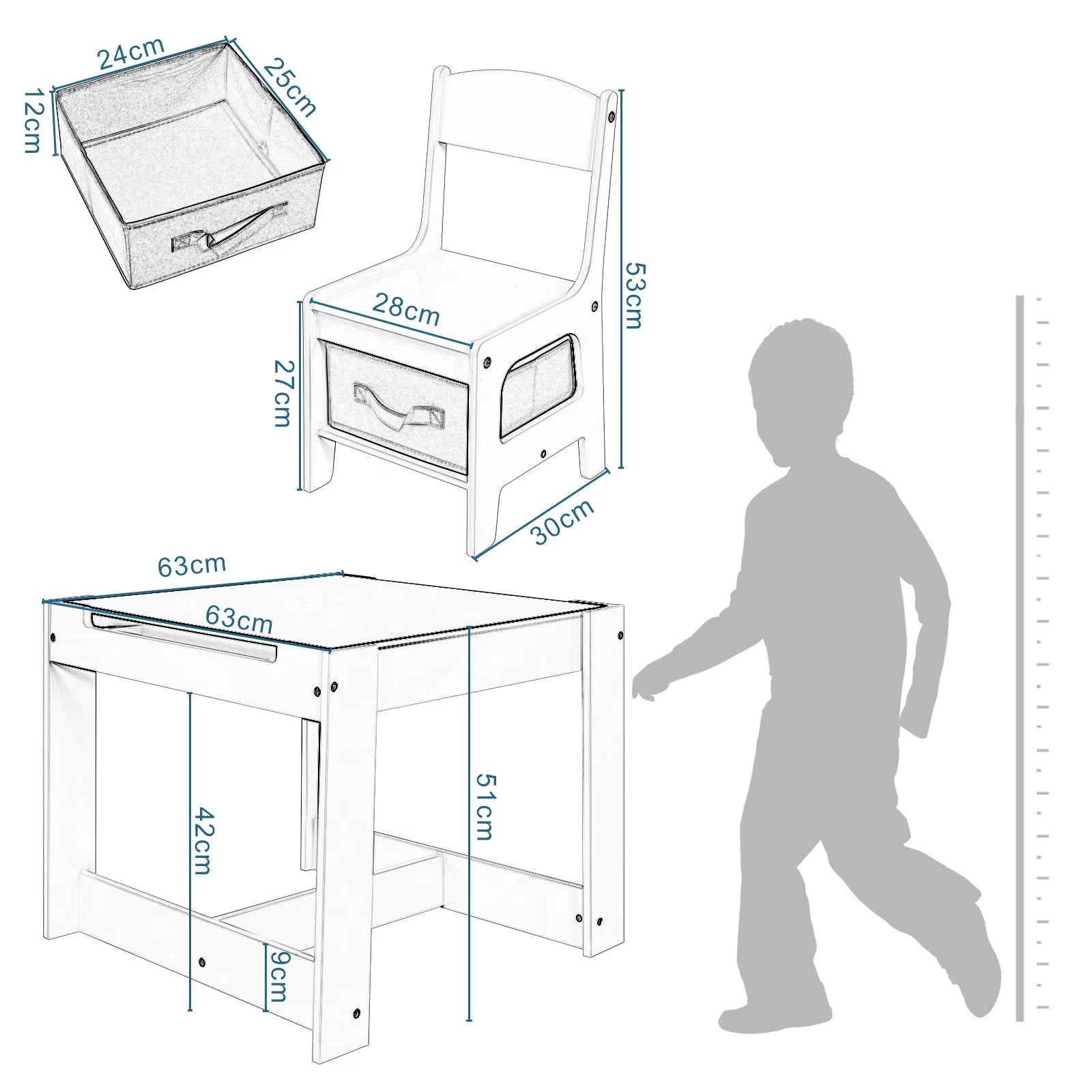 Kids Desk White Children Table 2Chairs Set with Storage Basket Reversible Tabletop Blackboard Paper Roll for Preschool