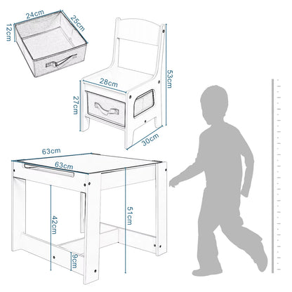 Kids Desk White Children Table 2Chairs Set with Storage Basket Reversible Tabletop Blackboard Paper Roll for Preschool