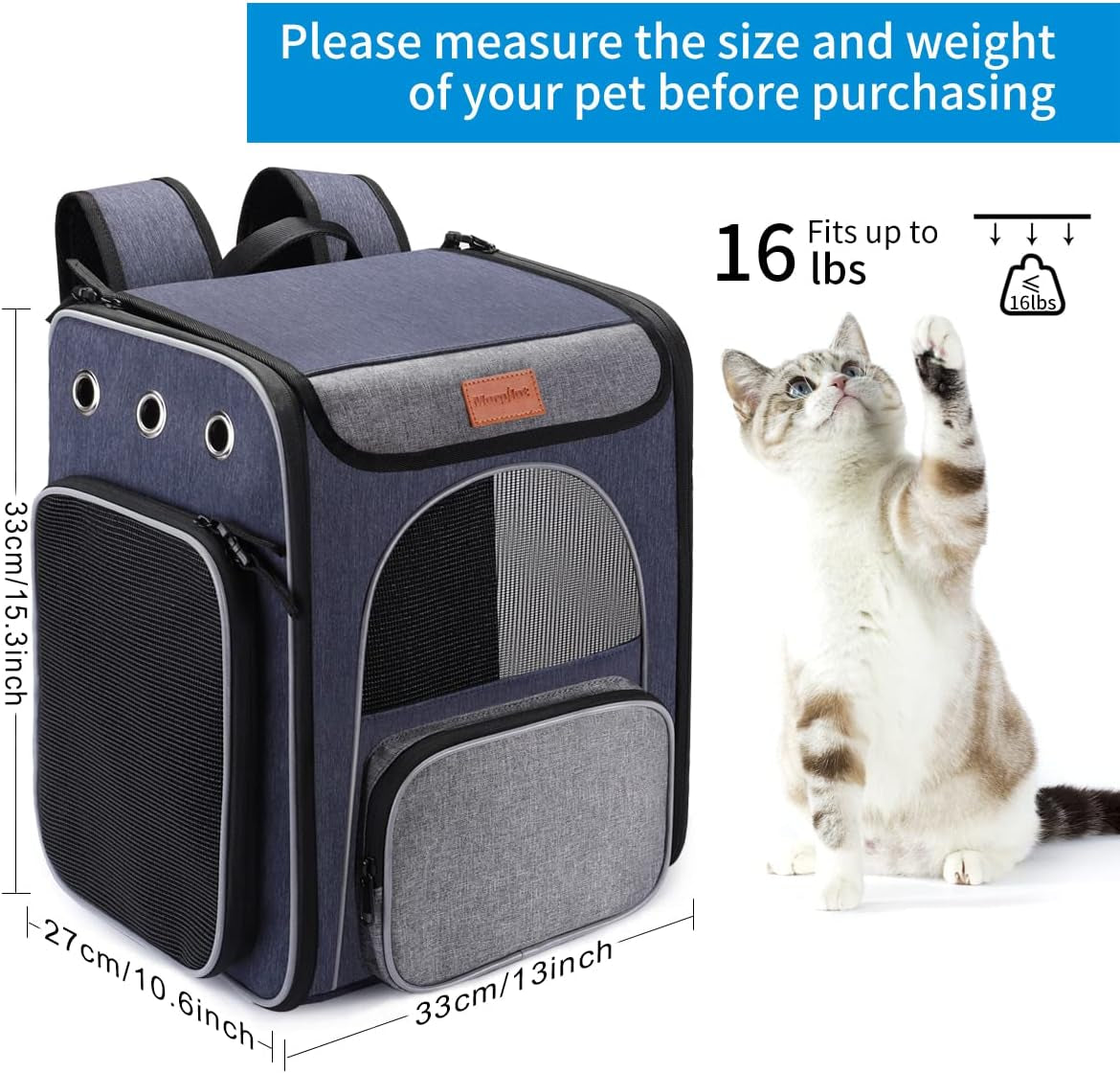 ® Cat Carrier Backpack, Foldable Pet Backpack Carrier for Cats & Small Dogs, Breathable Dog Carrier Backpack with Inner Safety Leash + Folding Bowl Ideal for Travel Camping Hiking