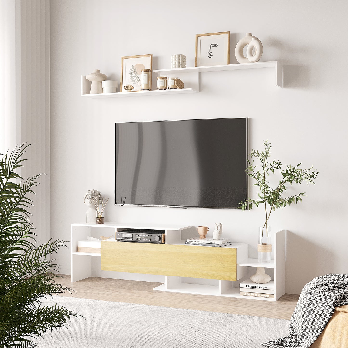 TV Cabinet W/ Wall Shelf and Storage Cabinet for Living Room