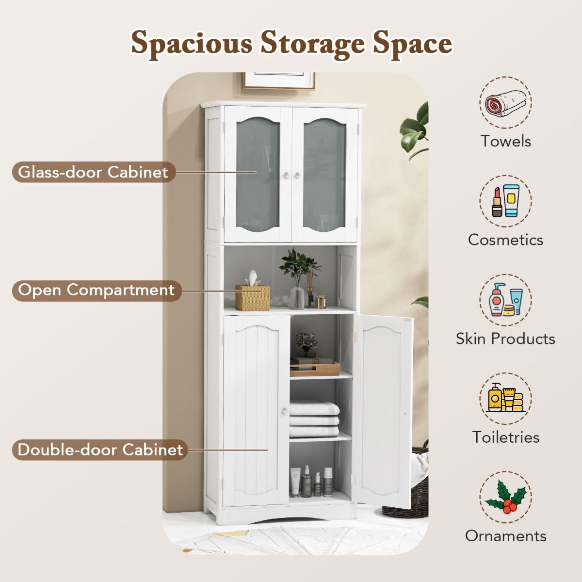 Tempered Glass Door Pantry Cabinet with 3-Position Adjustable Shelves