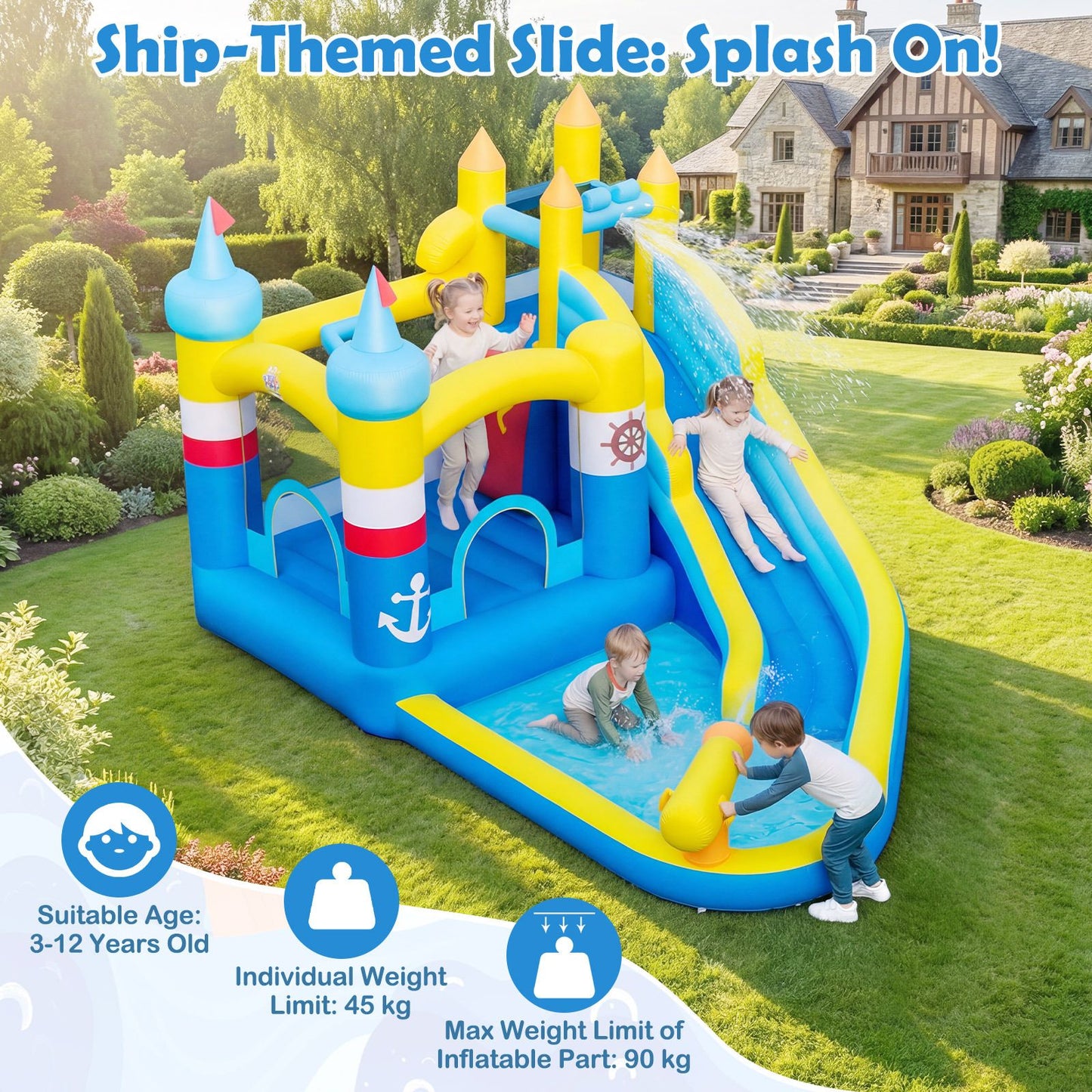 Inflatable Water Slide Kids Water Park with Splash Pool Water Cannon (Without Blower)