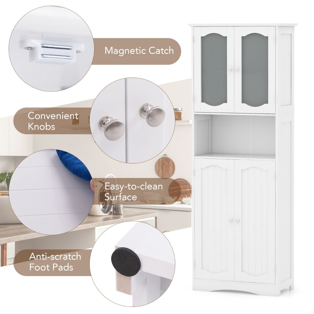 Tempered Glass Door Pantry Cabinet with 3-Position Adjustable Shelves