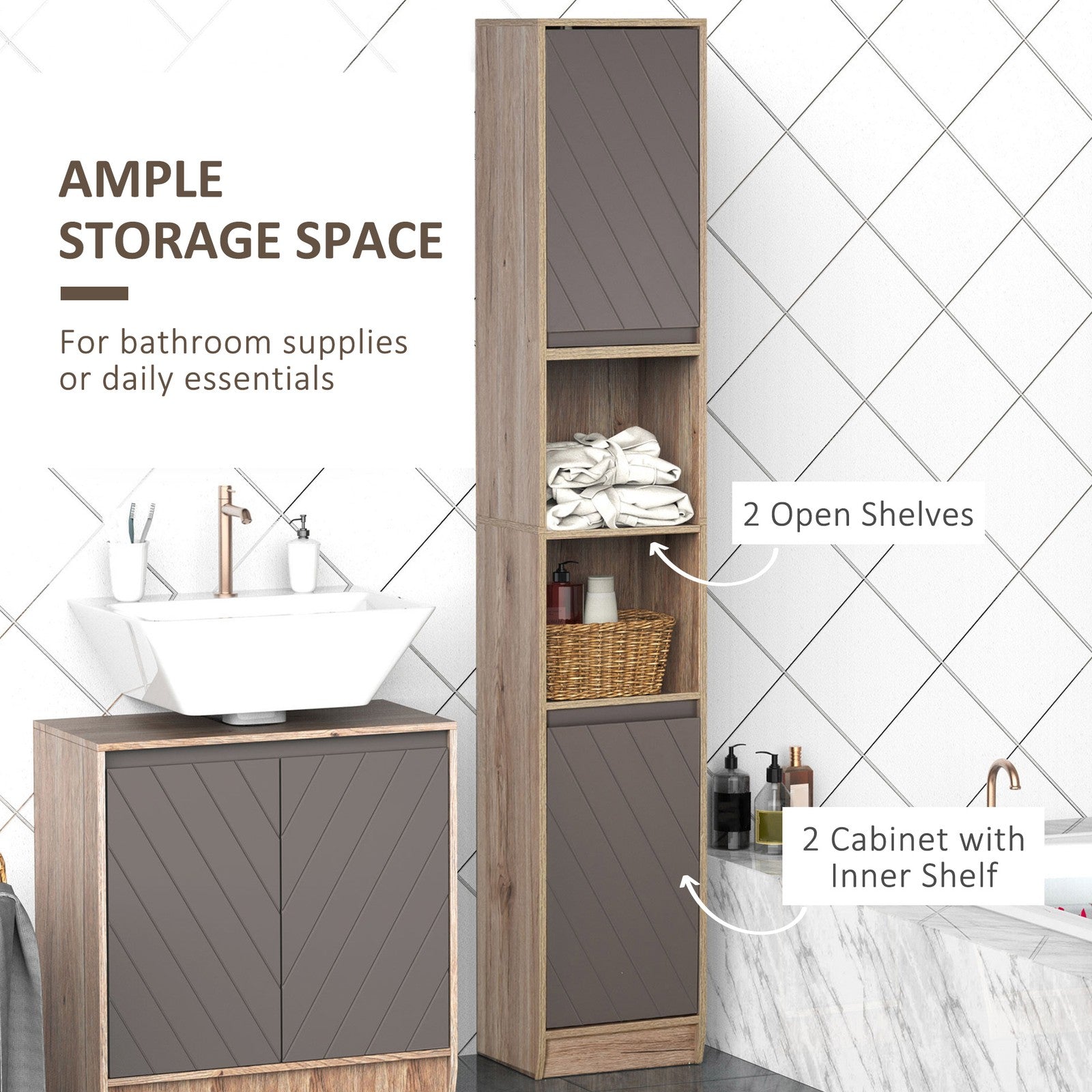 170Cm Freestanding Bathroom Storage Cabinet with Adjustable Shelves, Oak