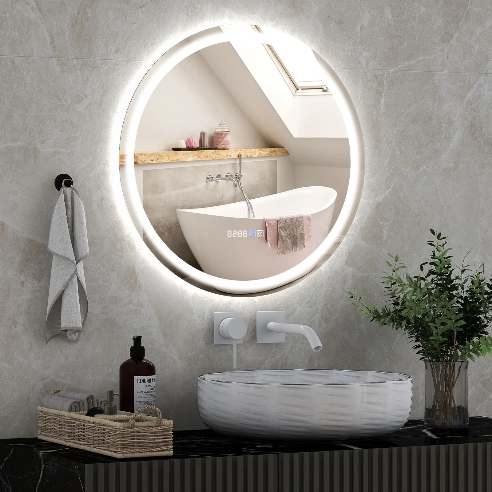 LED Bathroom Mirror with 3-Color Dimmable Lights, Time and Temp Display
