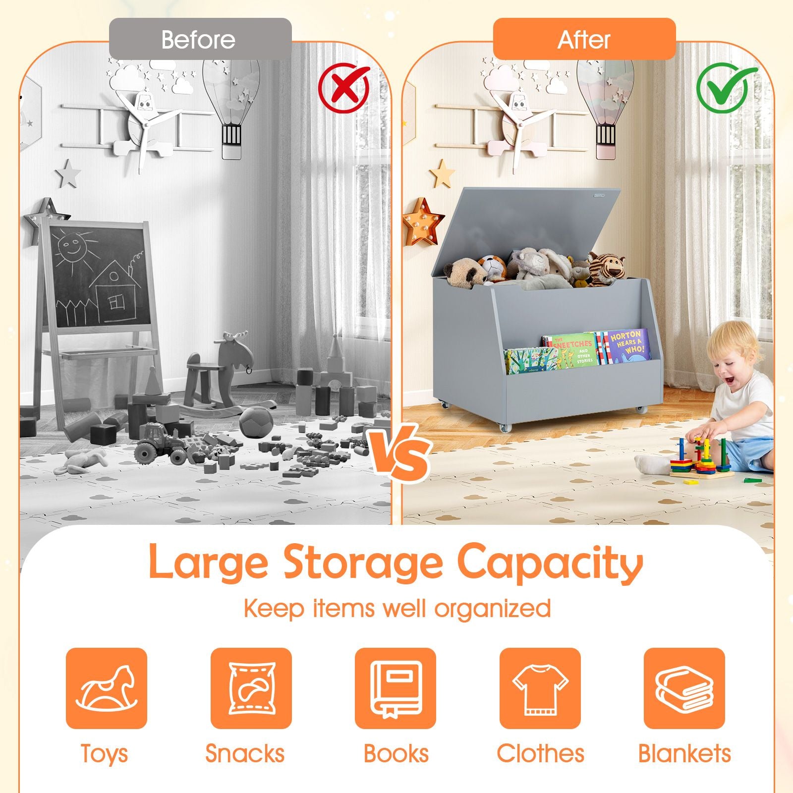 Mobile Toy Storage Organizer with Bookshelf and Wheels for Playroom Bedroom