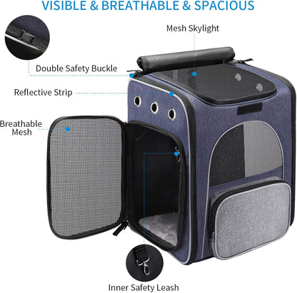 ® Cat Carrier Backpack, Foldable Pet Backpack Carrier for Cats & Small Dogs, Breathable Dog Carrier Backpack with Inner Safety Leash + Folding Bowl Ideal for Travel Camping Hiking
