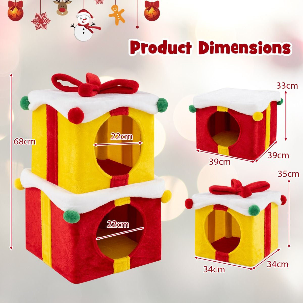 Indoor 2-Storey Cute Christmas Cat House with Bow