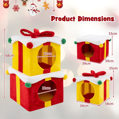 Indoor 2-Storey Cute Christmas Cat House with Bow