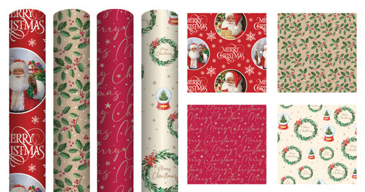 4 Rolls Christmas Gift Wrapping Traditional Paper 4M X 70Cm Roll 16 Metre
