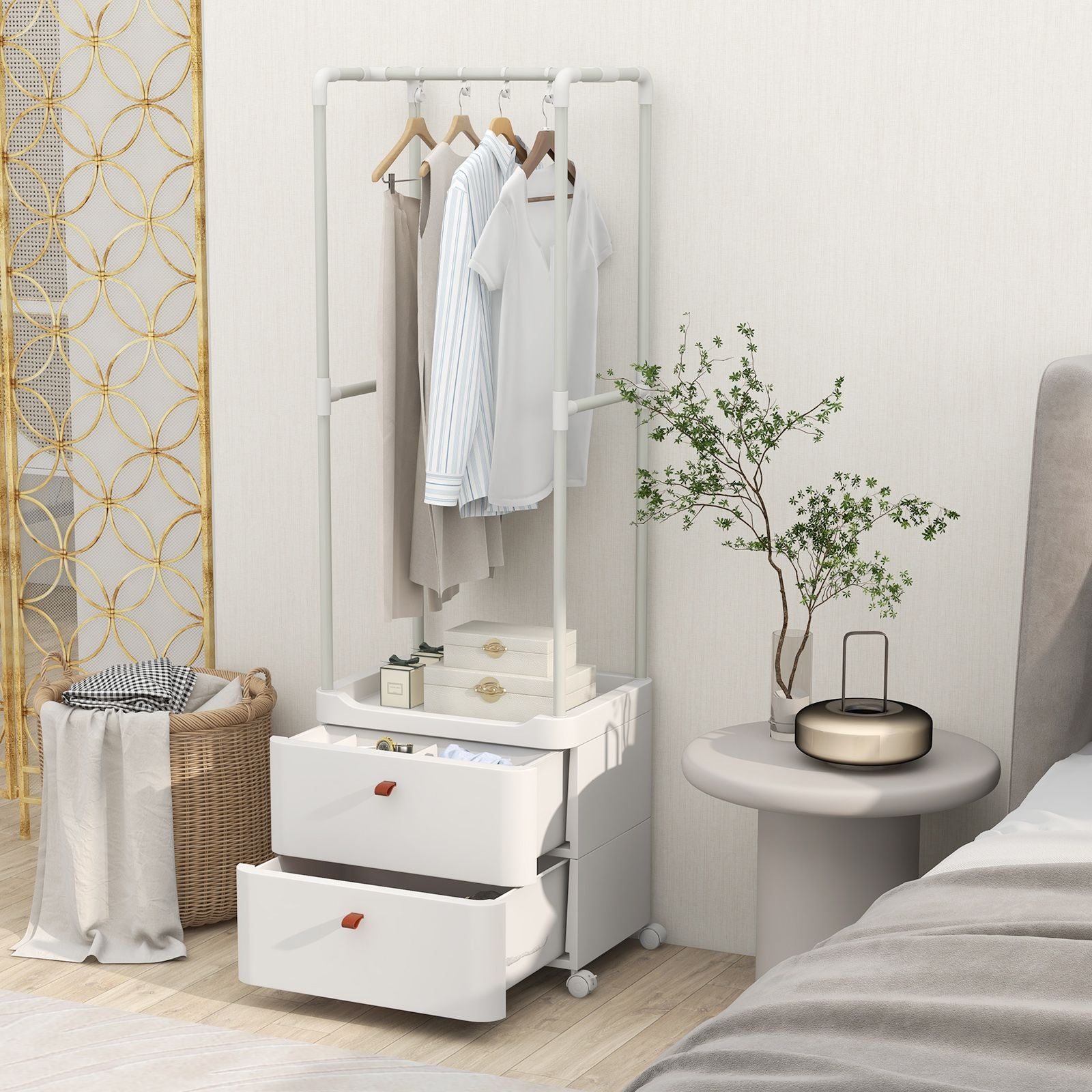 Freestanding Heavy-Duty Clothing Stand Dresser with Hanging Rod and Storage Shelves