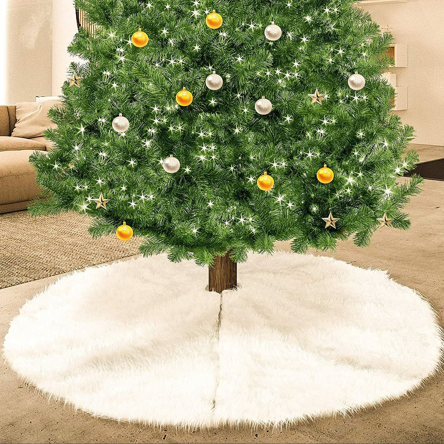 White Christmas Tree Skirt Base Faux Fur Xmas Floor Mat Ornament Decoration