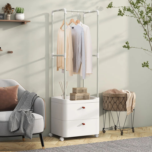 Freestanding Heavy-Duty Clothing Stand Dresser with Hanging Rod and Storage Shelves