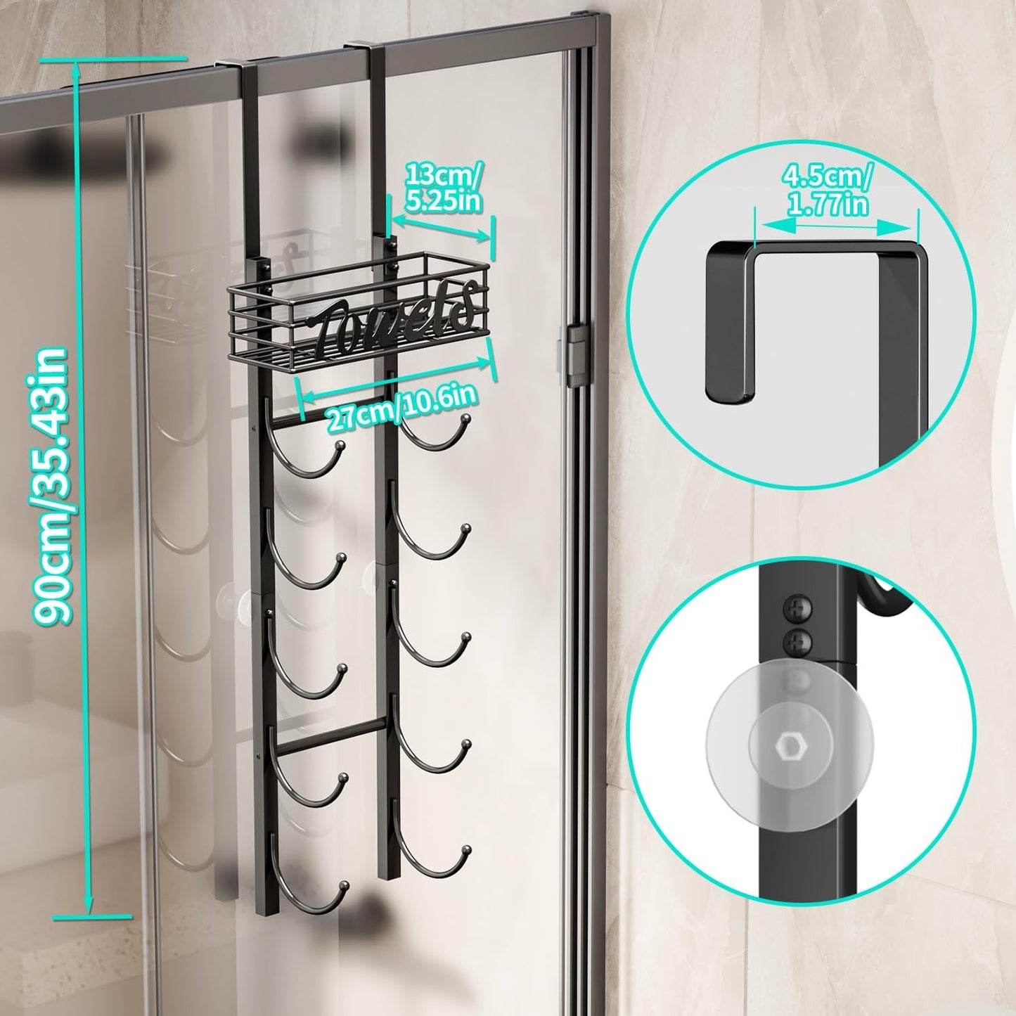 over Door Towel Rack - Towel Storage Rack Wall Mounted with Metal Shelf Basket, 6-Tier over Door Towel Rail & Bathroom Storage Organiser Towel Holder for Small Bathroom, Camper, Rv