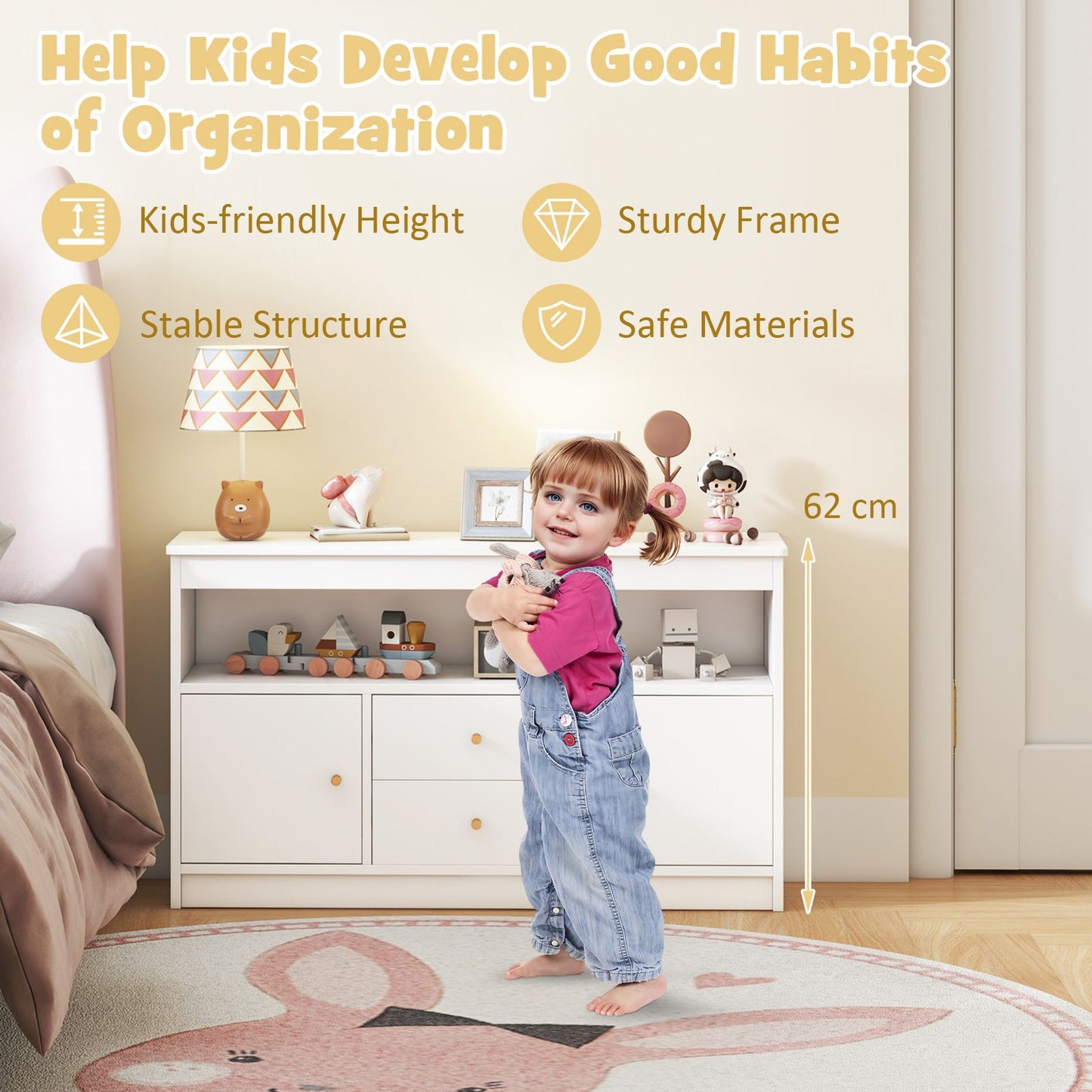 Wooden Kids Toy Children Bookshelf Storage Chest with Open Shelf
