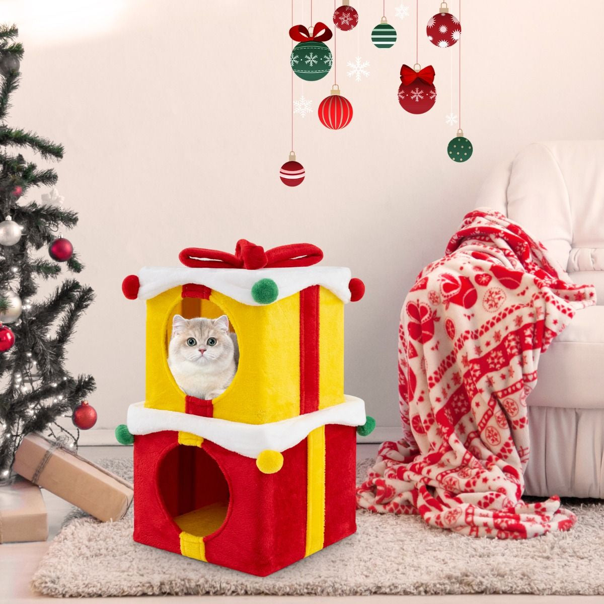Indoor 2-Storey Cute Christmas Cat House with Bow
